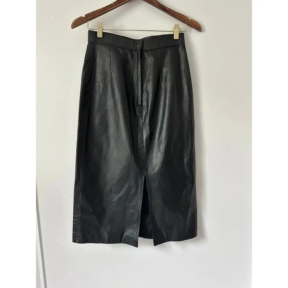 Vintage Black Leather High Waisted Skirt size 8 (runs small)